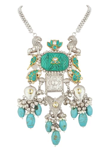 Silver Finish Oxidised Long Necklace Set Infused With Kundan Work And Beads