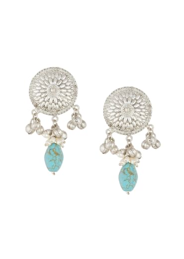 Silver Finish Oxidised Long Necklace Set Infused With Kundan Work And Beads