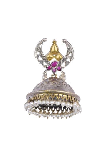 Silver Finish Oxidsed Statement Jhumkas With Meenakari Detail