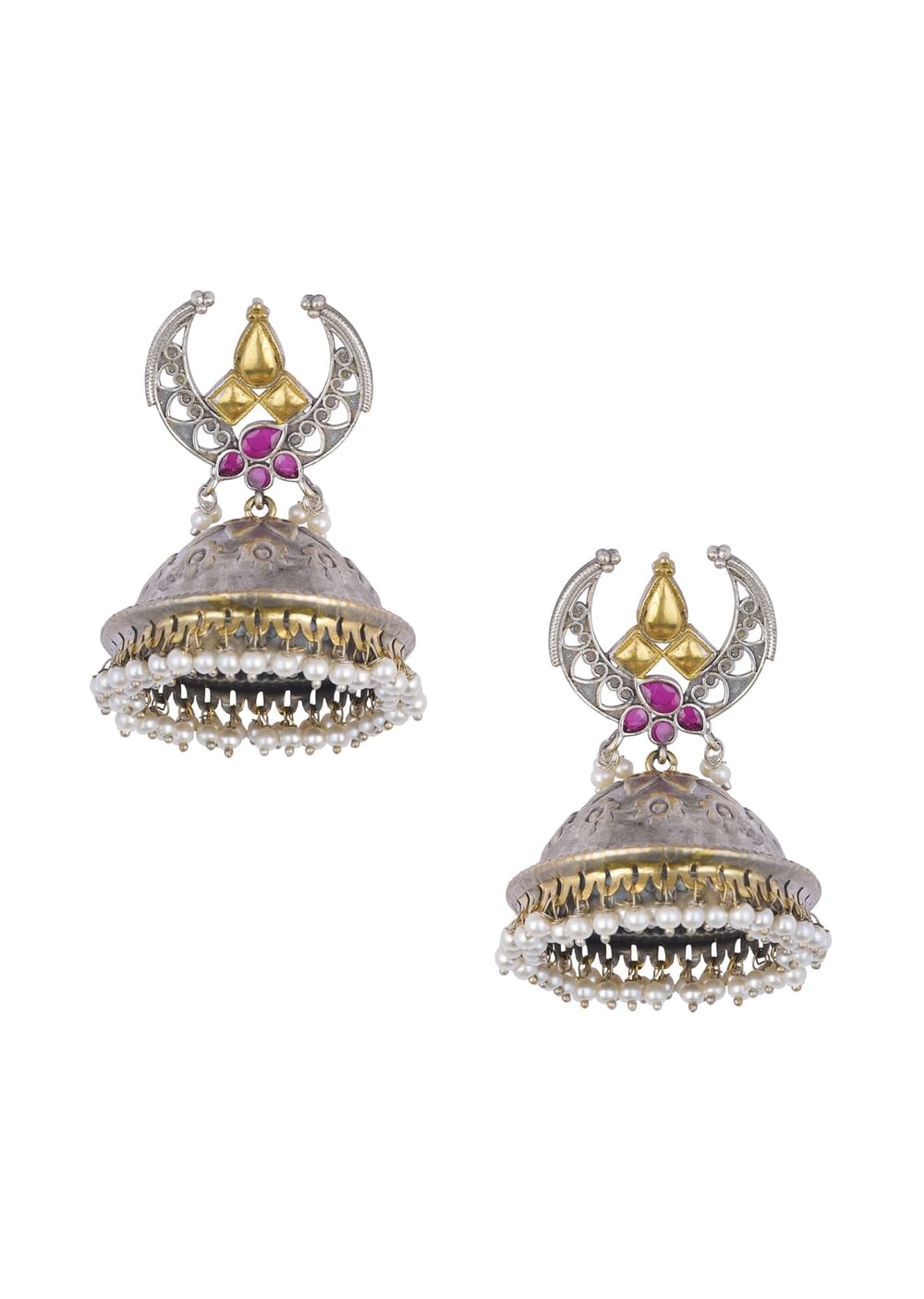 Silver Finish Oxidsed Statement Jhumkas With Meenakari Detail