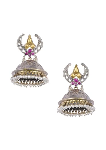 Silver Finish Oxidsed Statement Jhumkas With Meenakari Detail