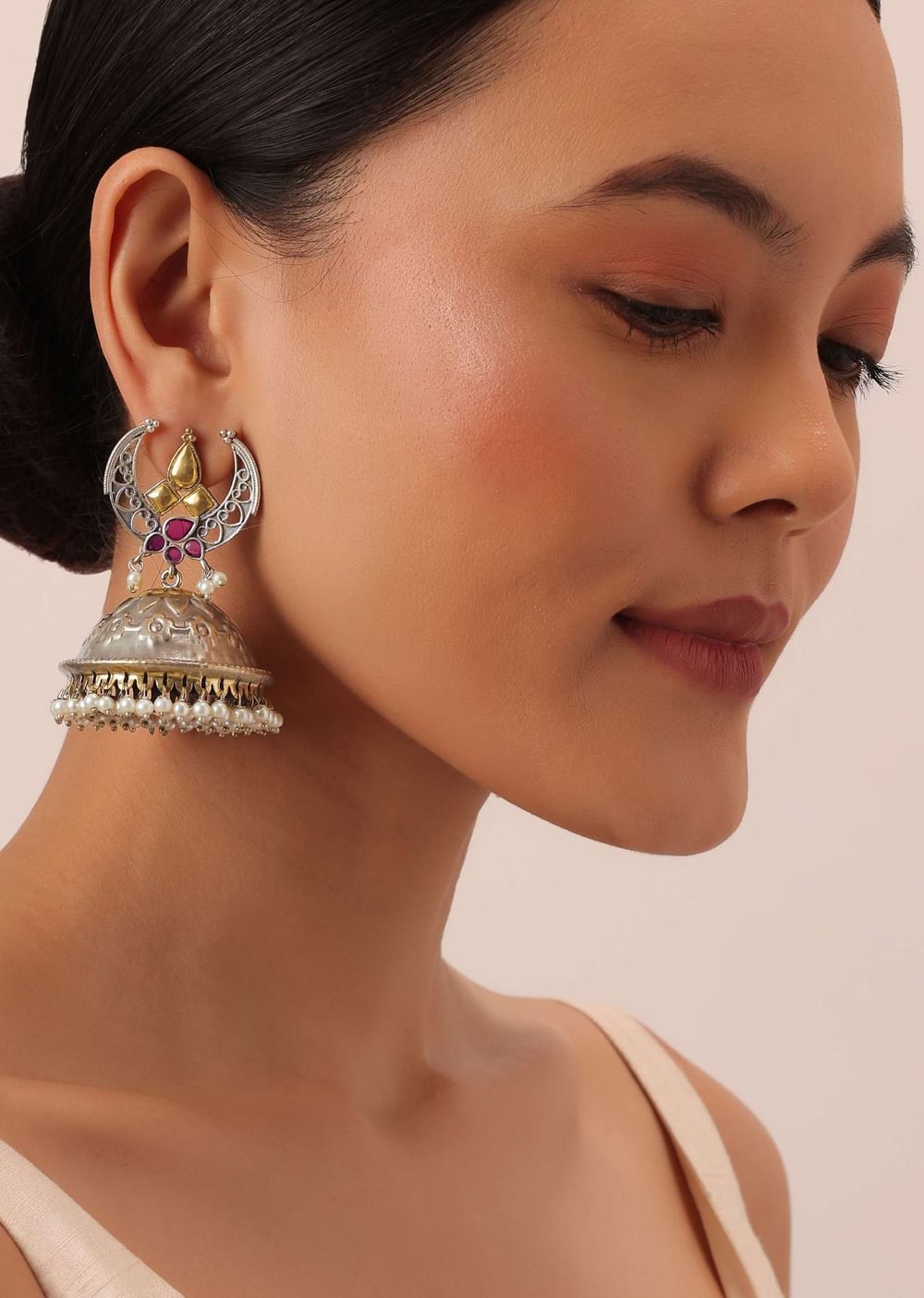 Silver Finish Oxidsed Statement Jhumkas With Meenakari Detail