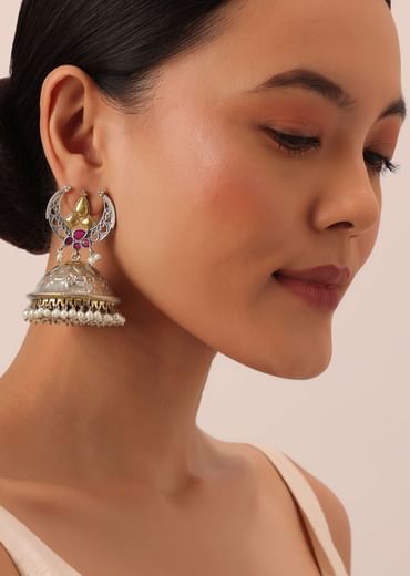 Silver Finish Oxidsed Statement Jhumkas With Meenakari Detail