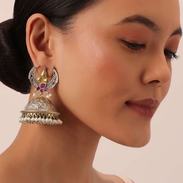 Silver Finish Oxidsed Statement Jhumkas With Meenakari Detail