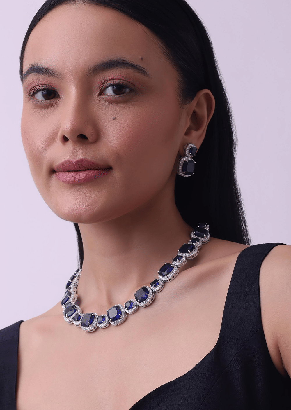 Silver Finish Saphhire Necklace And Earring Set In Mix Metal