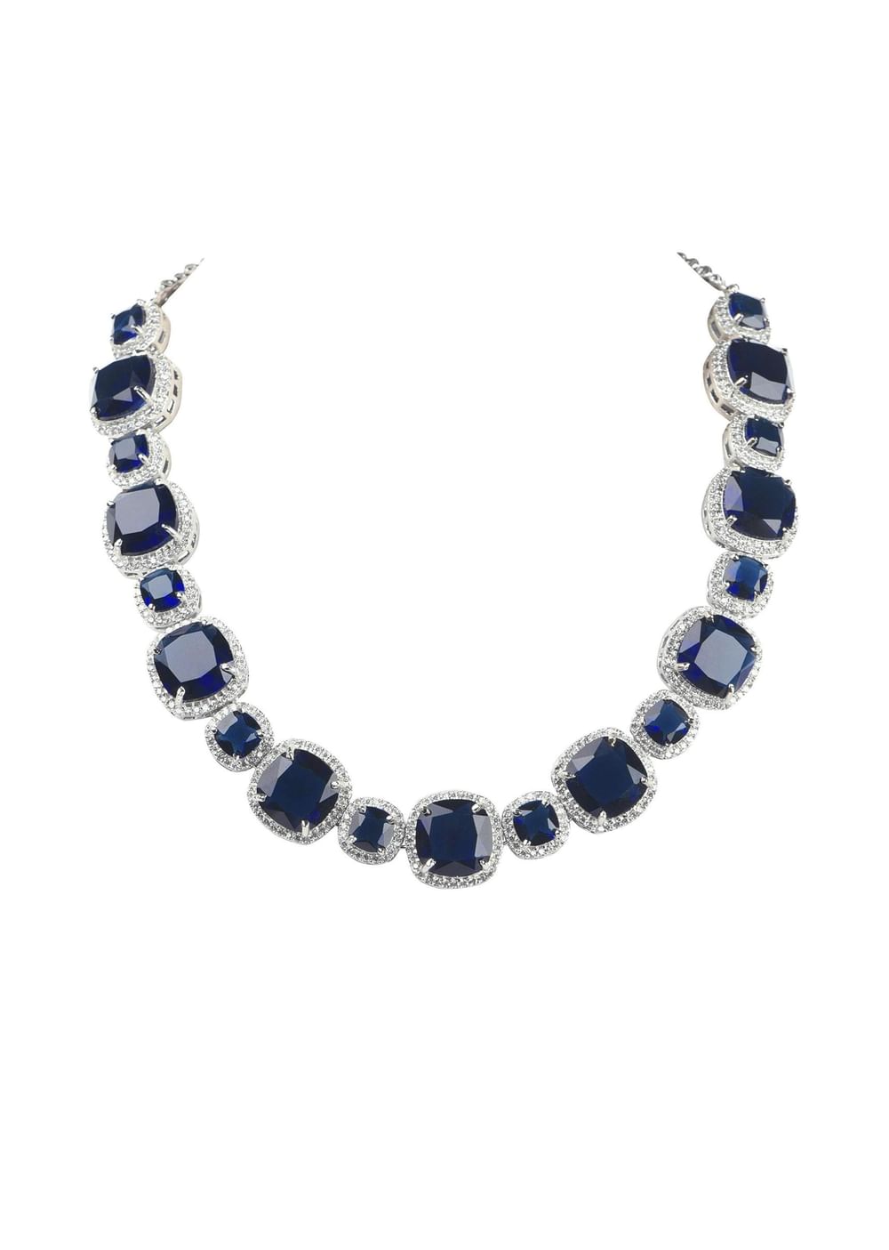 Silver Finish Saphhire Necklace And Earring Set In Mix Metal