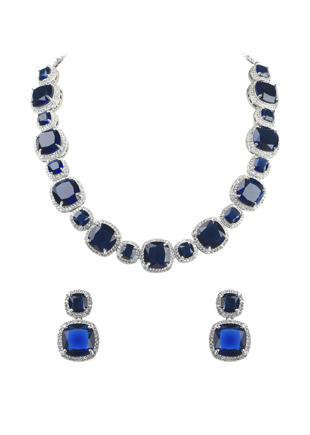 Silver Finish Saphhire Necklace And Earring Set In Mix Metal