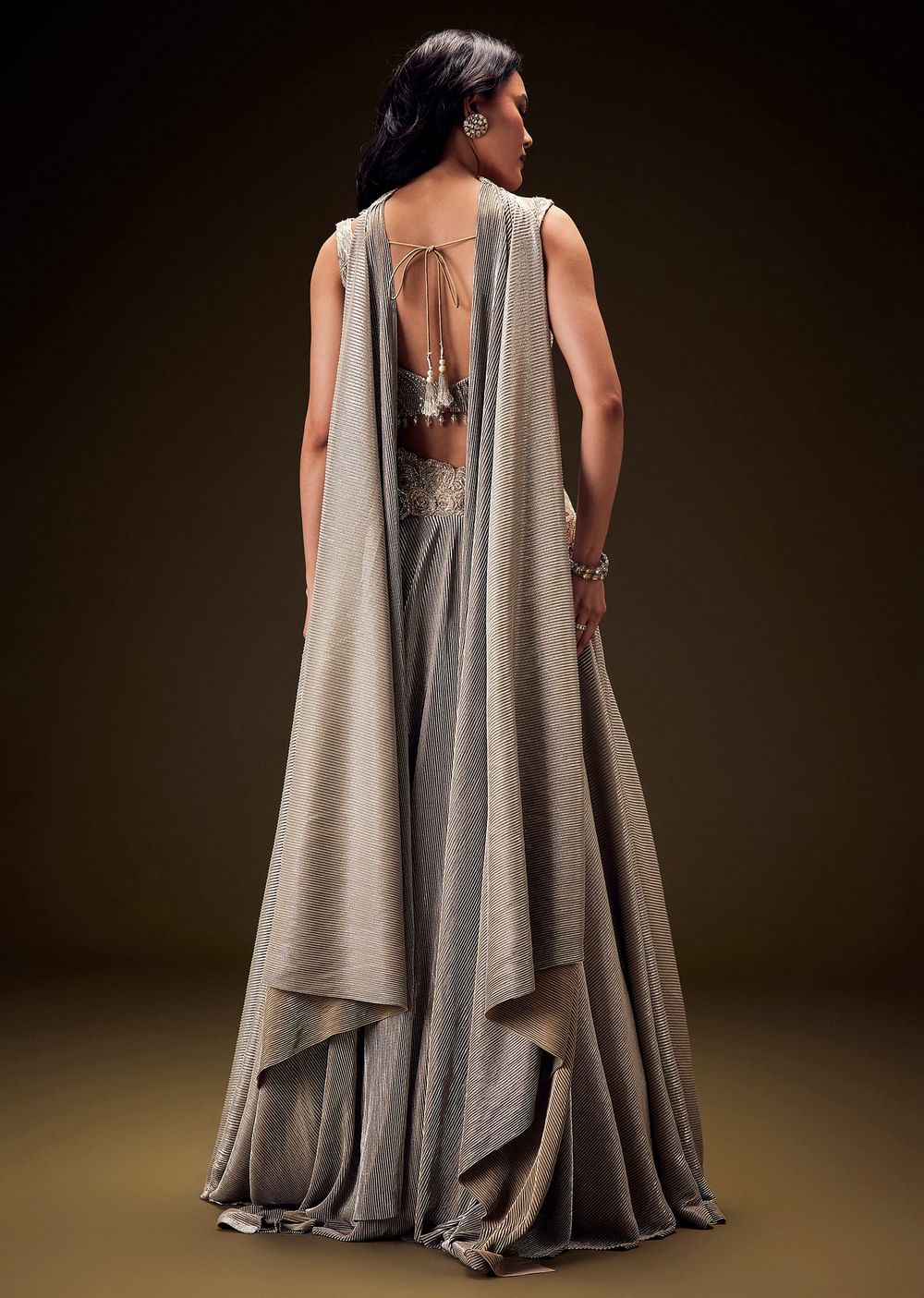 Silver Grey Crush Skirt With Embroided Blouse And Choker Dupatta