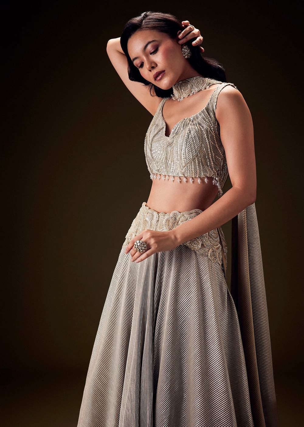 Silver Grey Crush Skirt With Embroided Blouse And Choker Dupatta