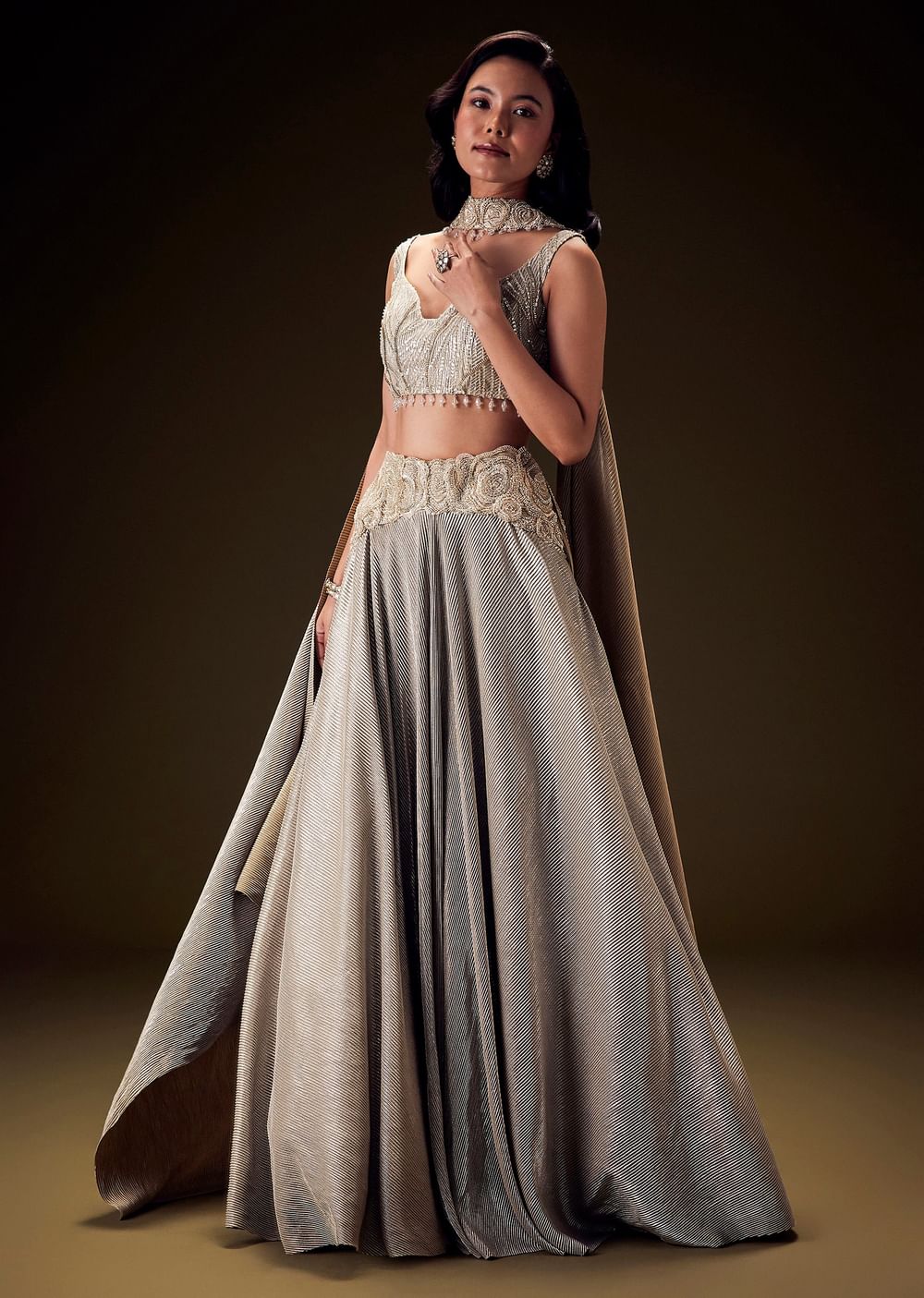 Silver Grey Crush Skirt With Embroided Blouse And Choker Dupatta
