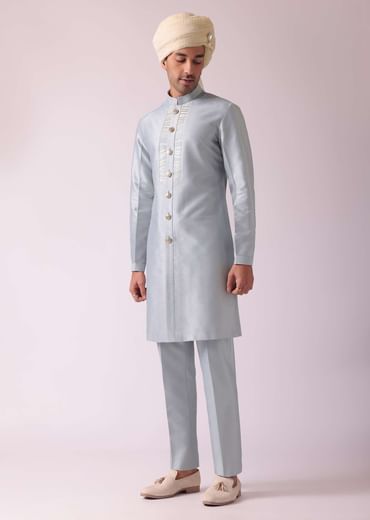 Silver Grey Embroidered Indowestern In Dupion Silk