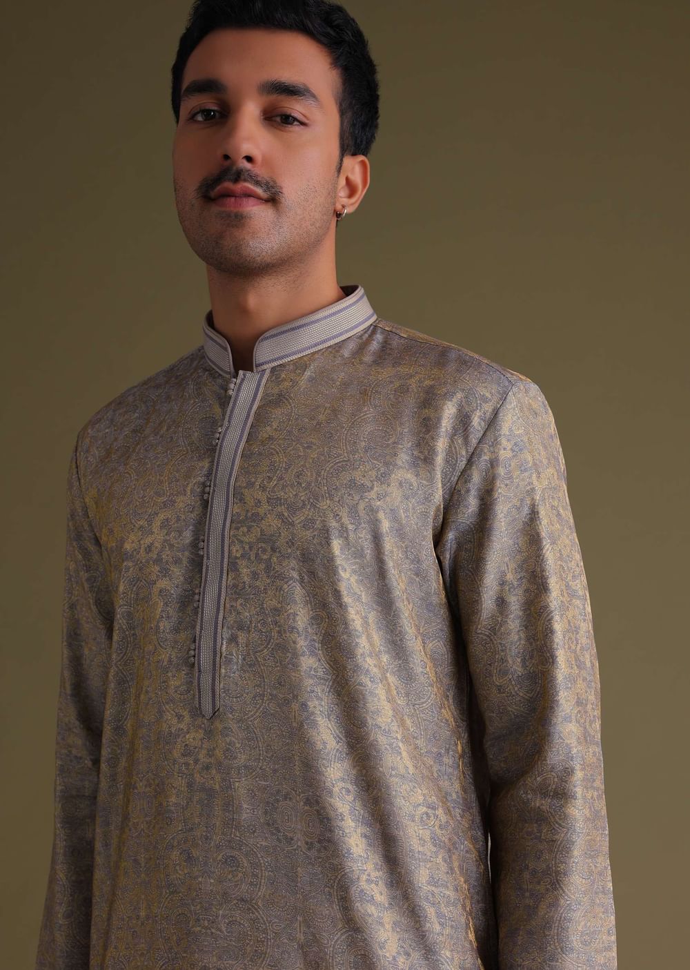 Silver Grey Festive Kurta Set With Golden Floral Print In Jacquard
