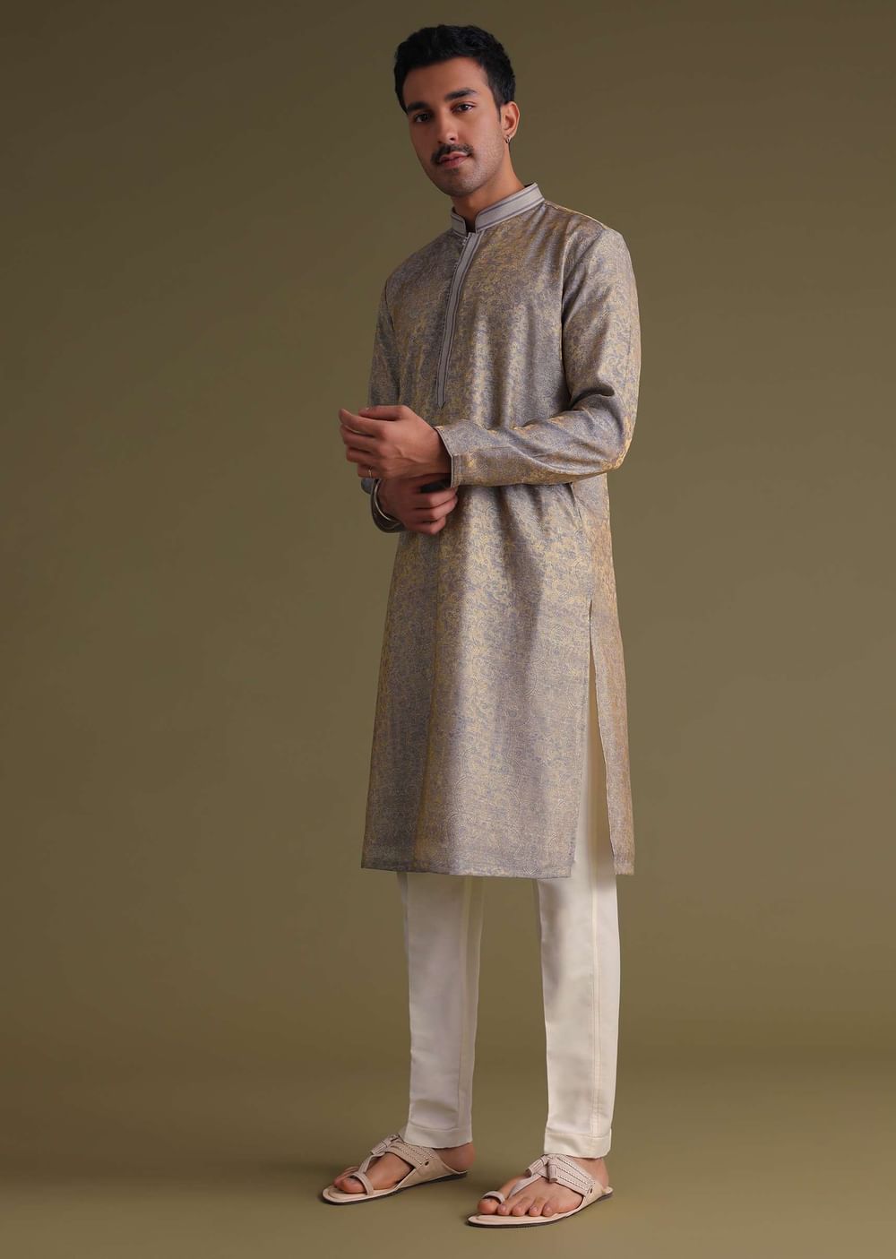 Silver Grey Festive Kurta Set With Golden Floral Print In Jacquard