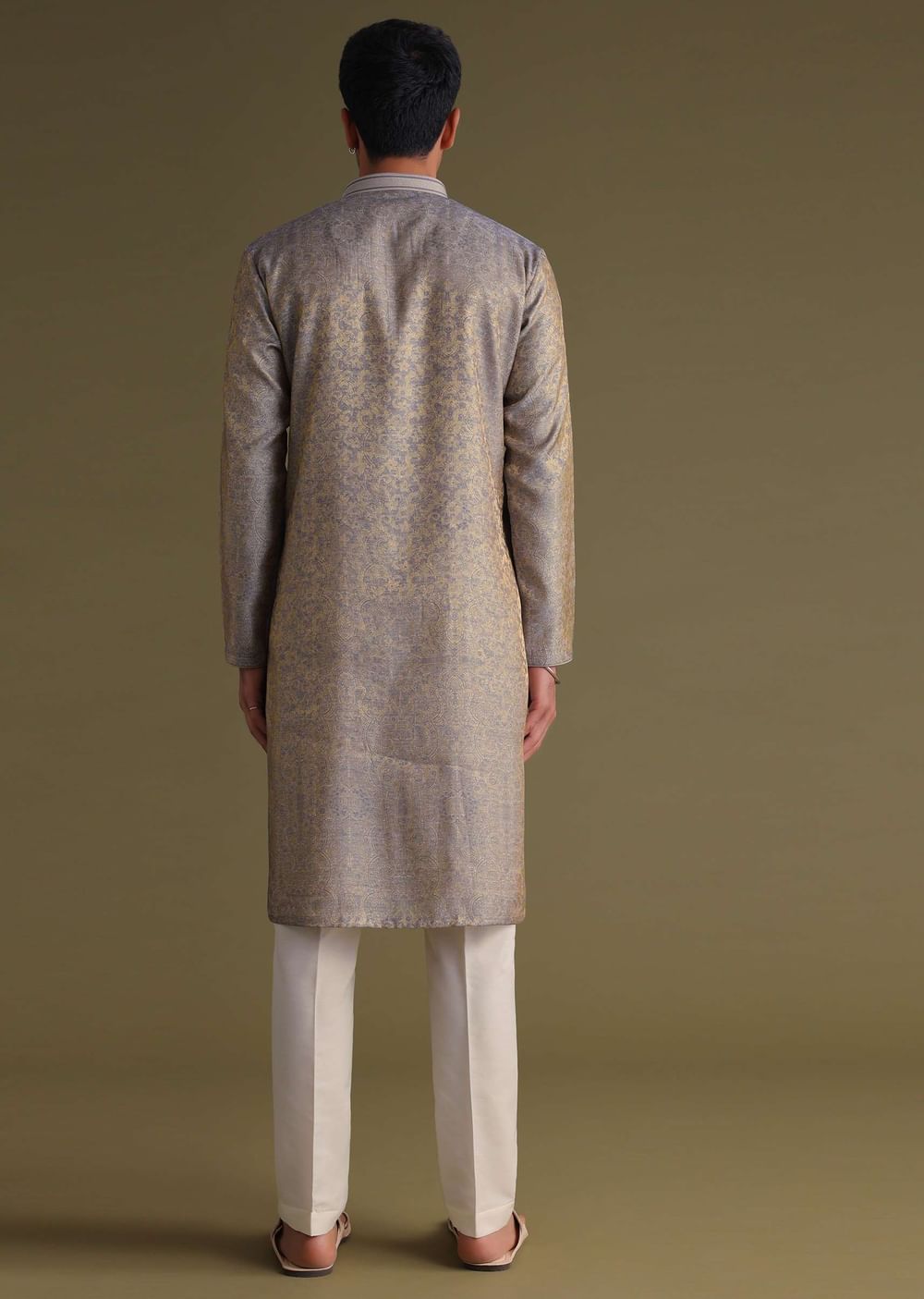 Silver Grey Festive Kurta Set With Golden Floral Print In Jacquard
