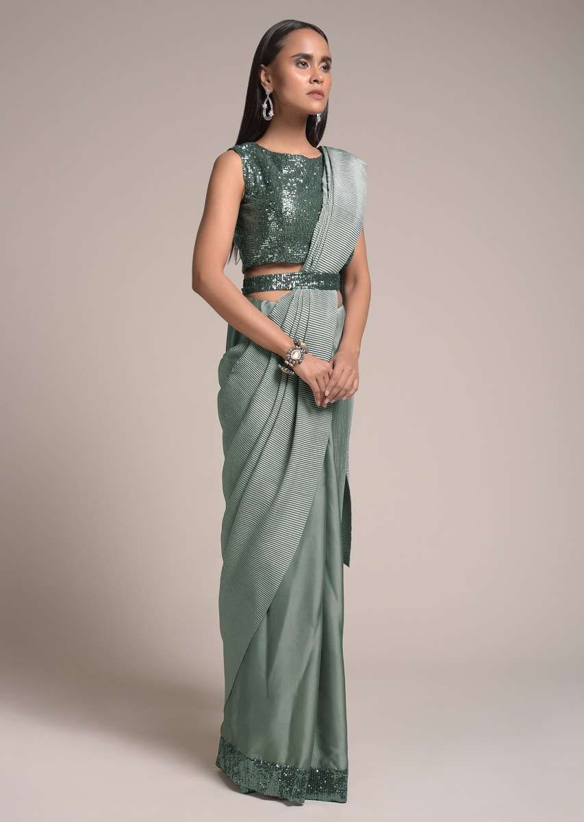 Silver Grey Half And Half Saree In Satin Silk With Sequins Border And Crushed Pallu Online - Kalki Fashion