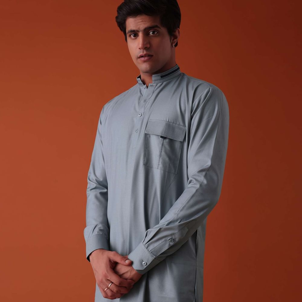 Silver Grey Pathani Kurta Set In Terry Rayon WIth Threadwork