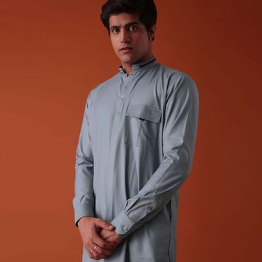 Silver Grey Pathani Kurta Set In Terry Rayon WIth Threadwork