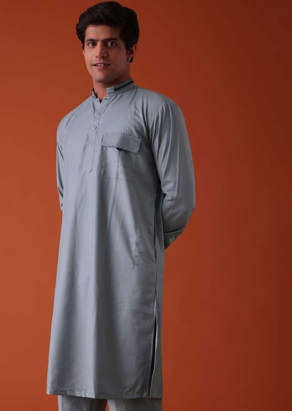 Silver Grey Pathani Kurta Set In Terry Rayon WIth Threadwork