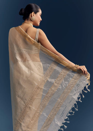 Silver Grey Tissue Organza Woven Saree With Golden Zari Work