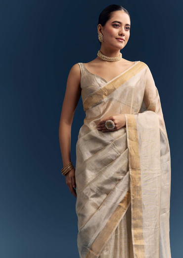 Silver Grey Tissue Organza Woven Saree With Golden Zari Work