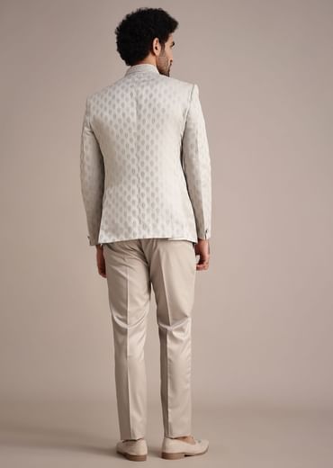 Silver Jodhpuri Suit With Mandarin Collar