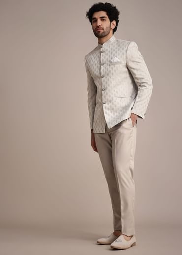 Silver Jodhpuri Suit With Mandarin Collar