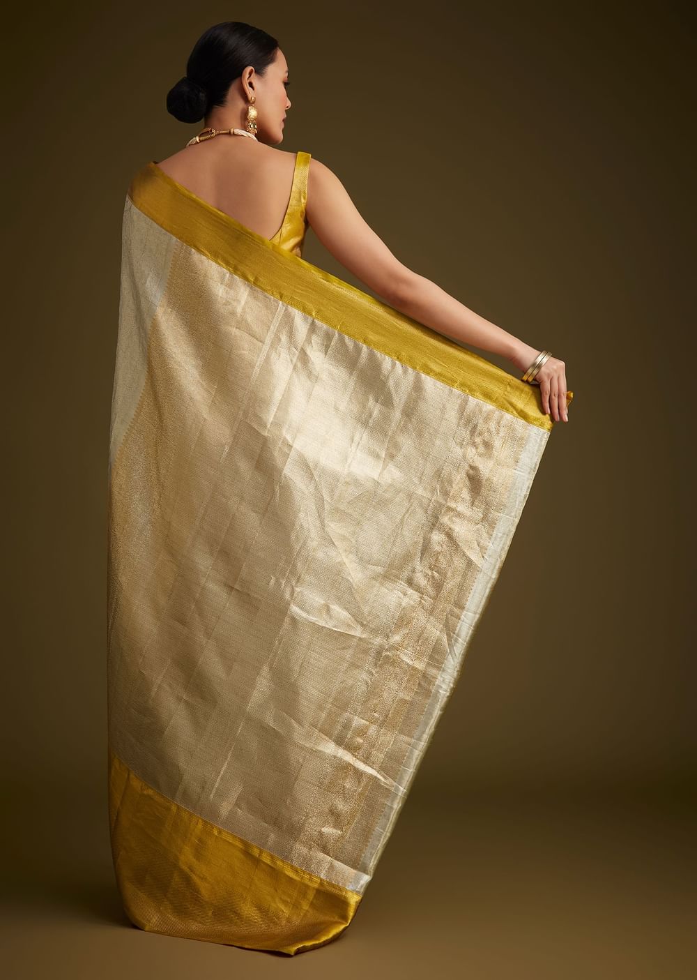 Silver Kanjivaram Silk Saree With Gold Contrast Border