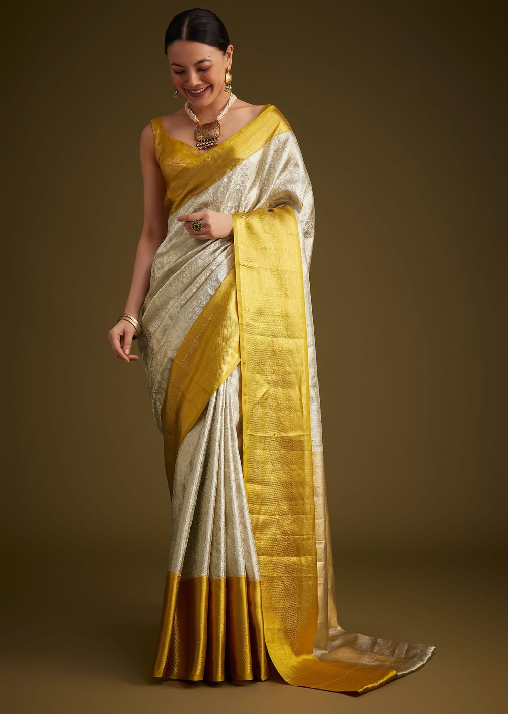 Silver Kanjivaram Silk Saree With Gold Contrast Border