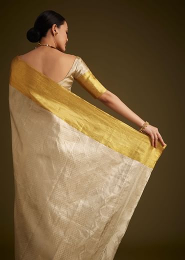 Silver Kanjivaram Silk Saree With Gold Contrast Border And Pallu