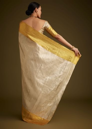 Silver Kanjivaram Silk Saree With Gold Contrast Border And Pallu