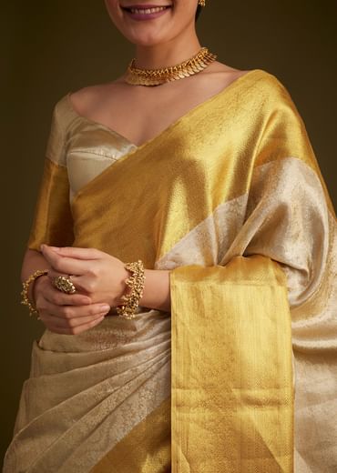 Silver Kanjivaram Silk Saree With Gold Contrast Border And Pallu