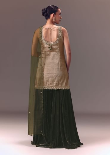Silver Kurta With Embroidered Velvet Sharara Pants And Organza Dupatta