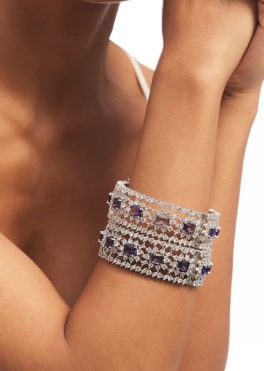 Silver Mix Metal Zircon Bangles Set With Purple Accents