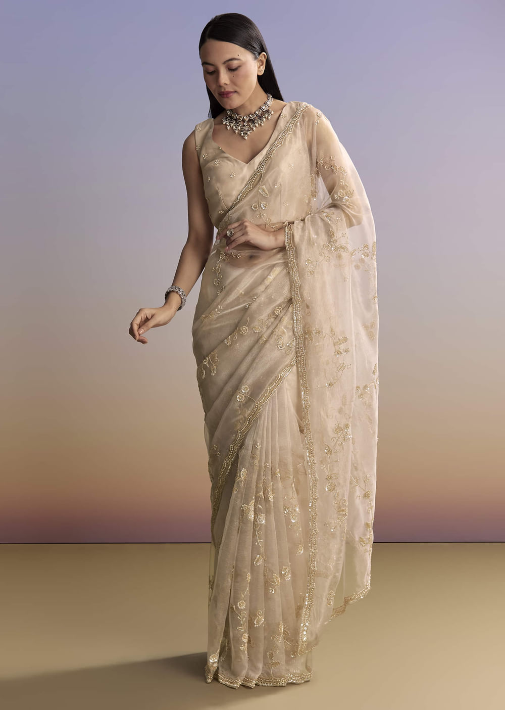 Silver Tissue Saree With Scallop Border And Sequins Work
