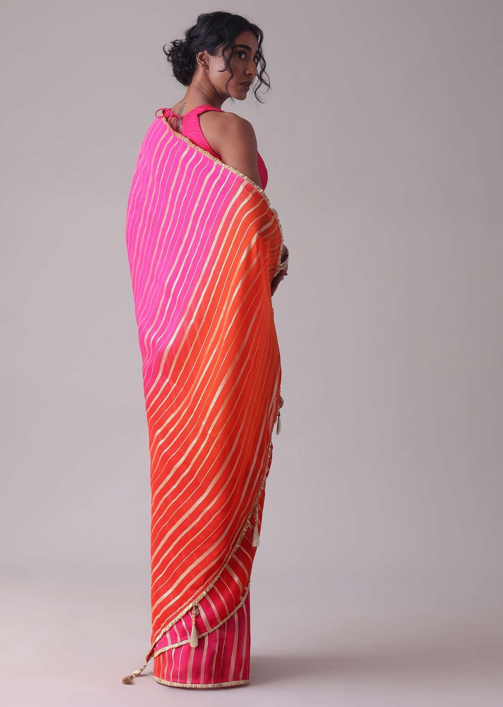 Ski Patrol Red Woven Ombre Saree In Organza