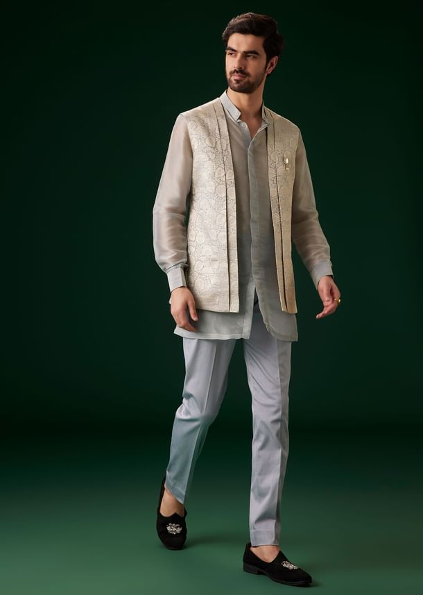 Sky Blue Banarasi Silk Kurta Jacket Set