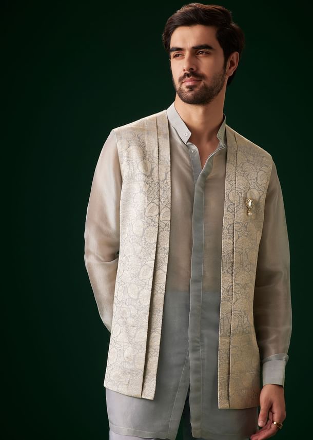 Sky Blue Banarasi Silk Kurta Jacket Set
