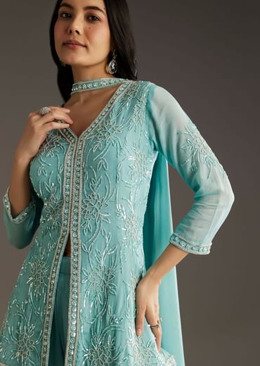 Sky Blue Chinon Front Slit Kurta Palazzo Set With Choker Style Dupatta