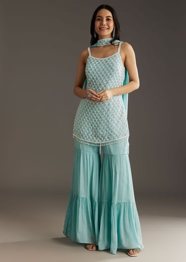 Sky Blue Chinon Sharara Suit Set With Choker Style Dupatta