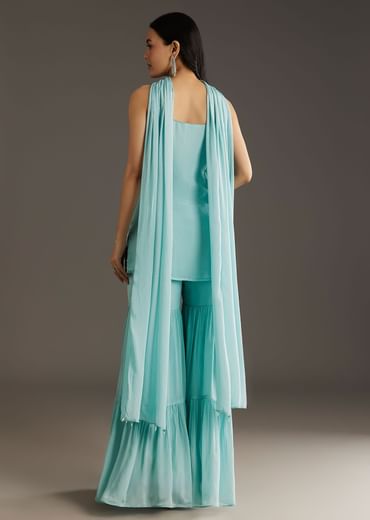 Sky Blue Chinon Sharara Suit Set With Choker Style Dupatta