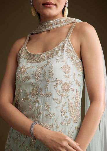 Sky Blue Chinon Sharara Suit With Sequins And Moti