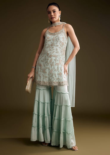 Sky Blue Chinon Sharara Suit With Sequins And Moti
