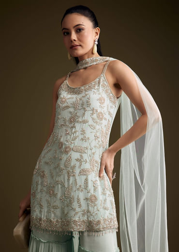 Sky Blue Chinon Sharara Suit With Sequins And Moti