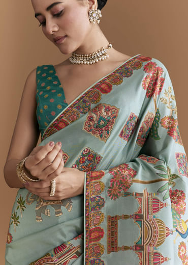 Sky Blue Dola Silk Saree With Madhubani Weave And Embroidery