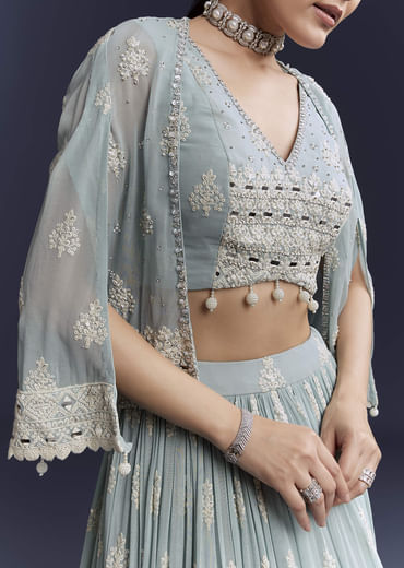 Sky Blue Georgette Bridesmaid Lehenga With Sequins And Thread Embroidery