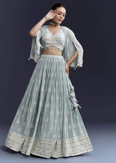 Sky Blue Georgette Bridesmaid Lehenga With Sequins And Thread Embroidery