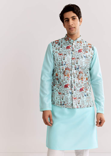 Sky Blue Jacquard Kurta Jacket Set With Animal Print