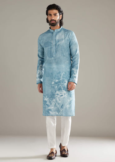 Sky Blue Kurta Set For Men With Printed Floral Motifs Sky Blue Kurta Set For Men With Printed Floral Motifs