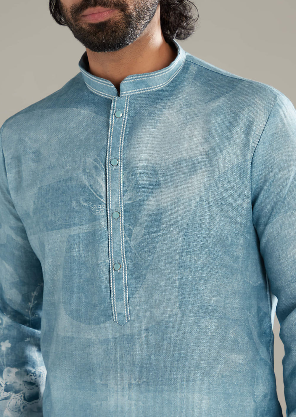 Sky Blue Kurta Set For Men With Printed Floral Motifs
