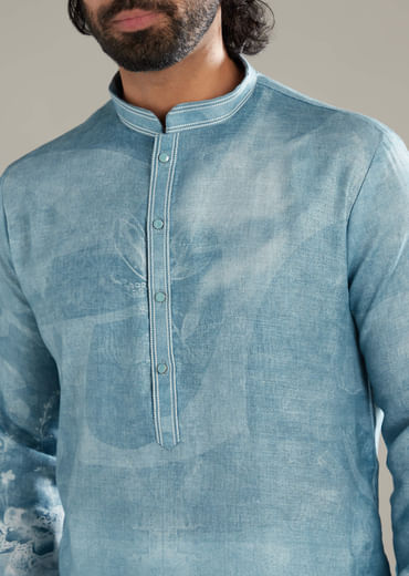 Sky Blue Kurta Set For Men With Printed Floral Motifs Sky Blue Kurta Set For Men With Printed Floral Motifs